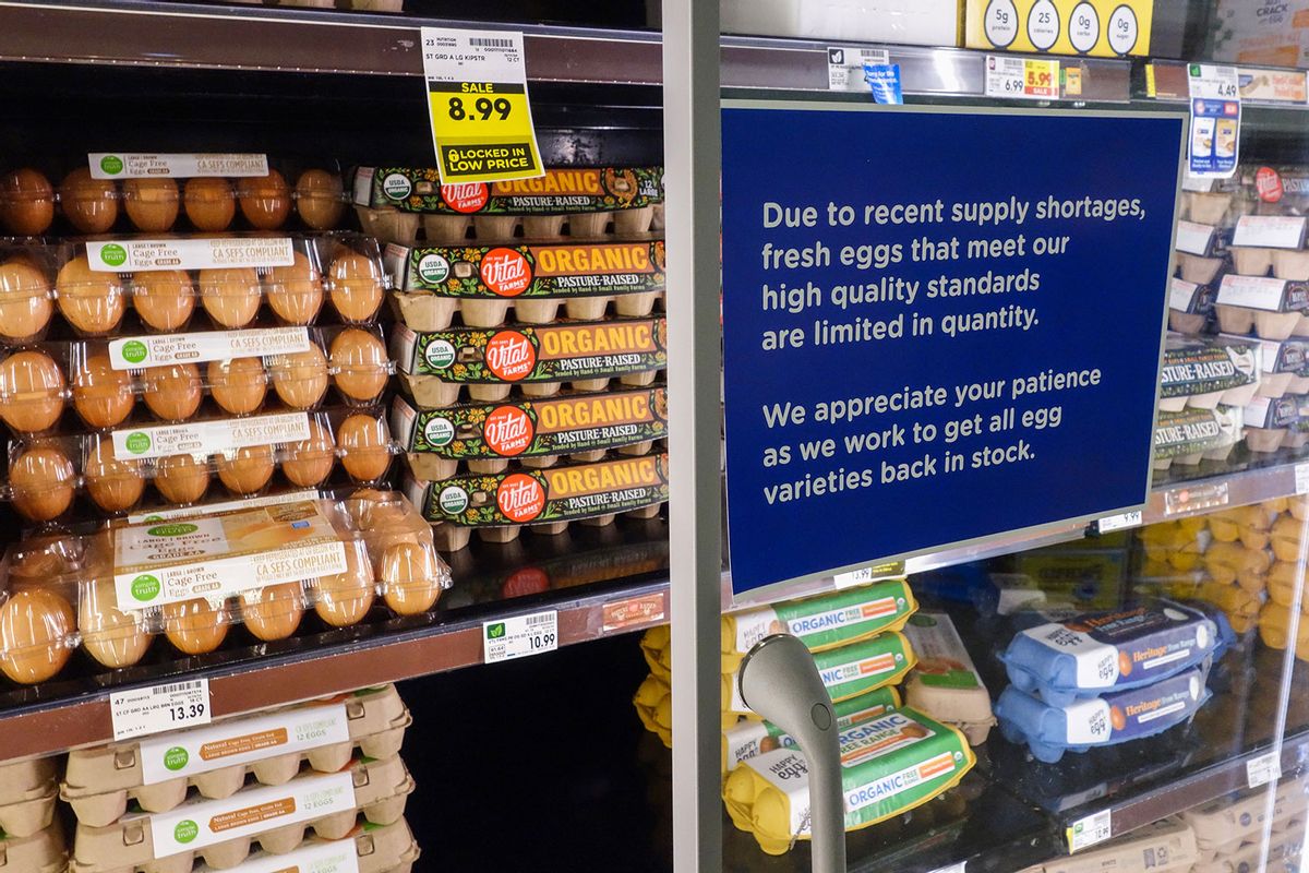 A sign lets shoppers know about possible egg shortages at a grocery store in Glendale, California on January 6, 2025. (ROBYN BECK/AFP via Getty Images)