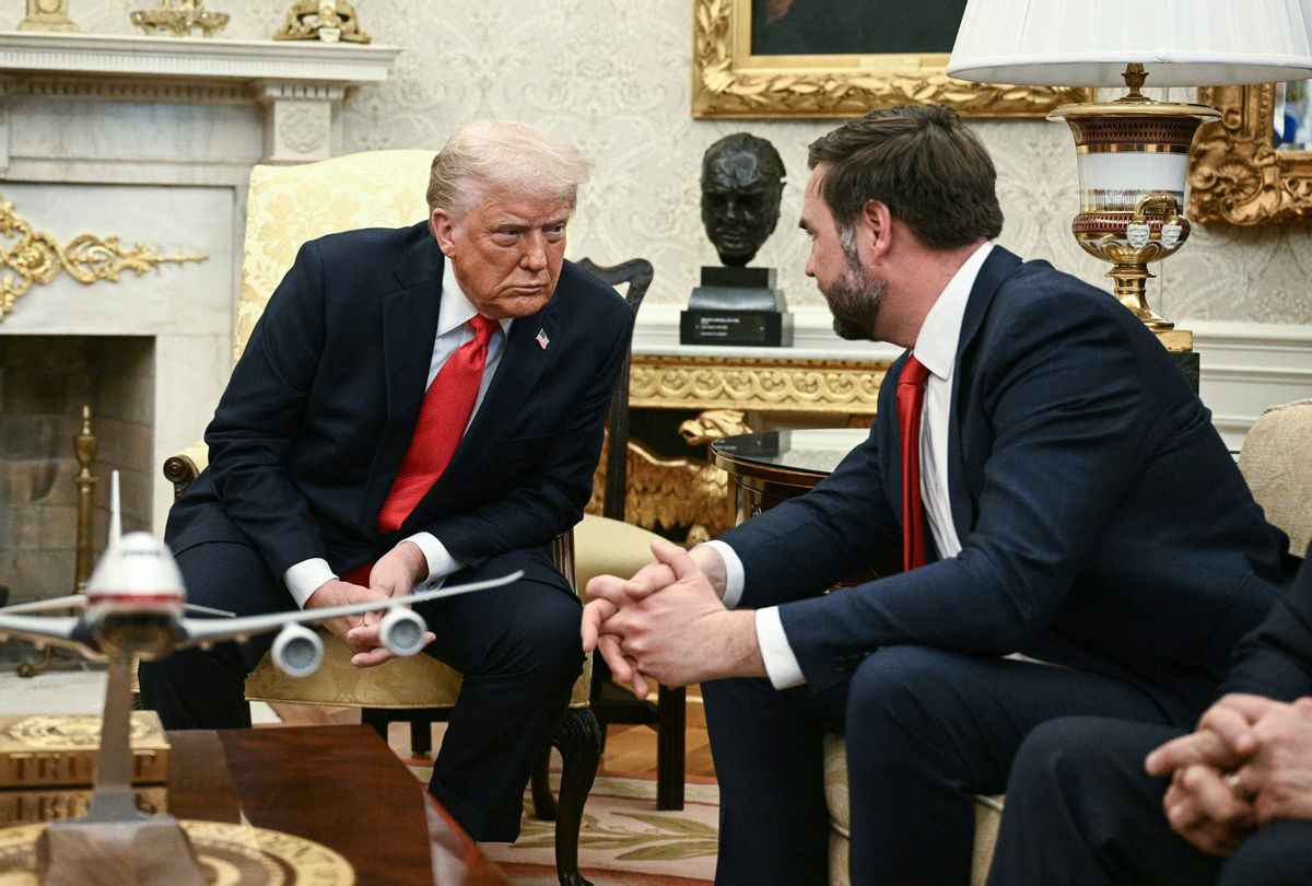 US President Donald Trump speaks with Vice President JD Vance as they meet with El Salvador's President Nayib Bukele in the Oval Office of the White House in Washington, DC, April 14, 2025. (BRENDAN SMIALOWSKI/AFP via Getty Images)